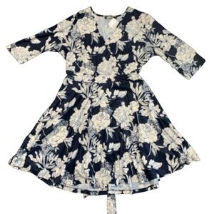 Brand New Womens Plus Floral Wrap Dress Navy Blue White‎ 3/4 Sleeve Size 20
